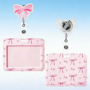 Pink Bow Coquette Badge Set • Horizontal ID Holder & Retractable Reel with Alligator Clip • Cute Name Tag for Nurses, Doctors, Teachers & Office Staff