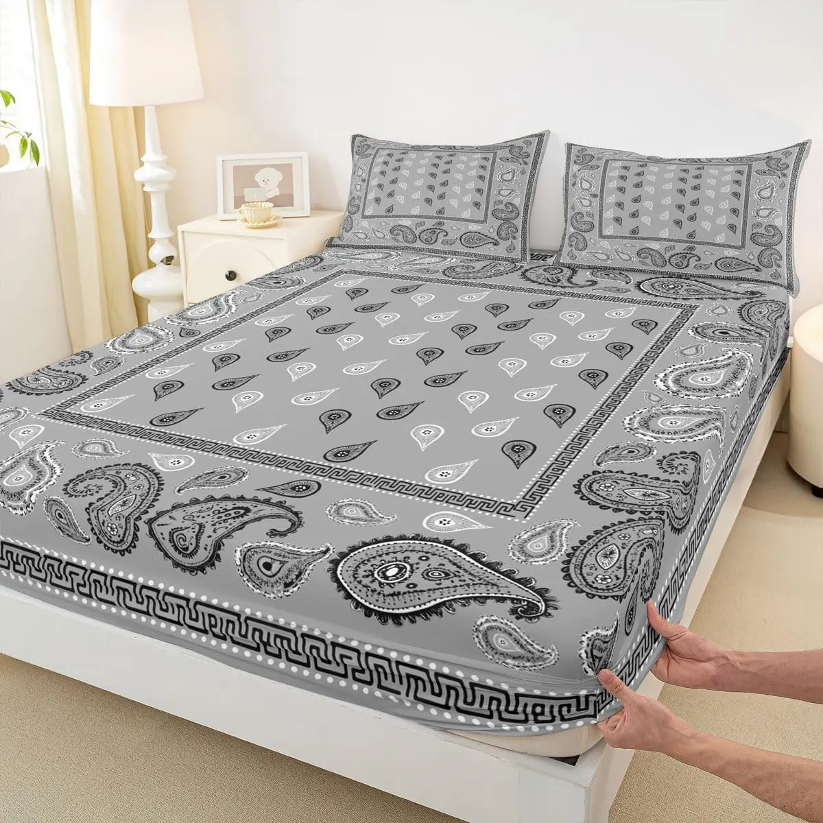 Grey Bandana Fitted Sheet,Bohemian Paisley Bandanas Bedding Set,Boho Chic Floral Bed Sheets Room Decor,Soft Bedding(No Flat)