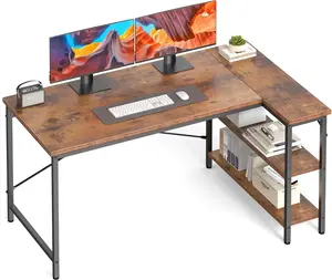 47" L Shaped Computer Desk with Reversible Storage Shelves, Corner Home Office Gaming Desk for Writing, Working, or Study, Available in Rustic Brown & Black