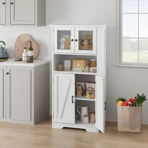 Modern Rustic Freestanding Tall Storage Cabinet with Glass Doors - Adjustable Shelves, Multi-Purpose Wooden Cupboard for Entryway, Kitchen, Bathroom, Living Room - 60x30x128cm
