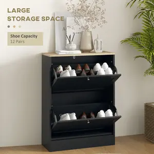 Slim Shoe Storage Cabinet Modern Black with 2 Flip Drawers Adjustable Shelves for 8 to 12 Pairs US Size 11 for Entryway Narrow Hallway Small Apartment