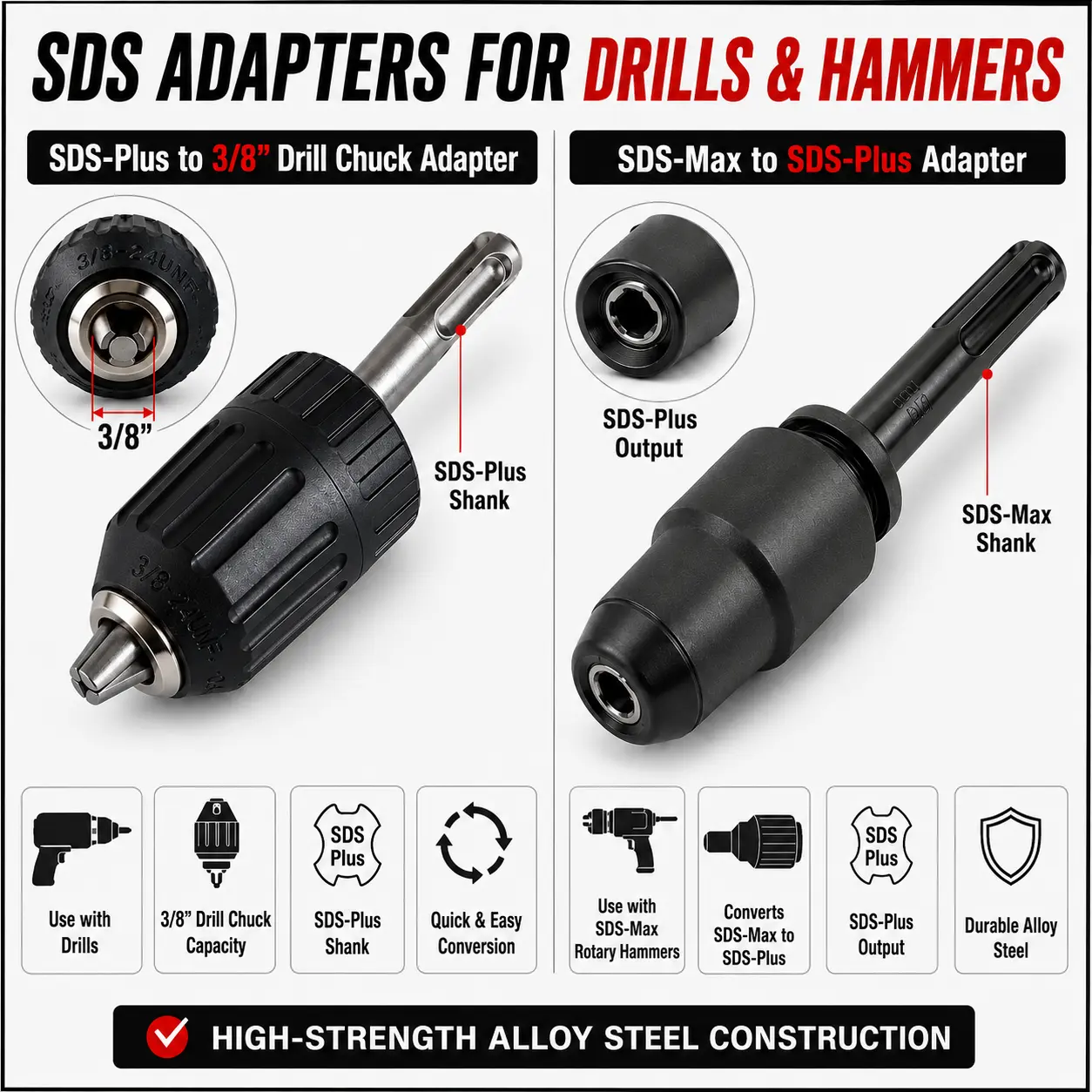 IVY Classic SDS Max to SDS Plus Adapter + ATEpro 3/8" Drill Chuck w/ SDS Plus Adapter (47900 + 19901)