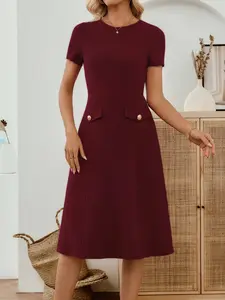 Elegant Solid Color Slim Fit Short Sleeve Round Neck Dress, Stylish Women's Casual Wear, Perfect for Daily, Comfortable and Trendy