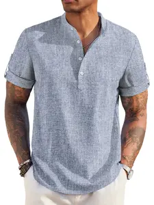 COOFANDY Men's Casual Henley Shirt Short Sleeve Band Collar Linen Shirt Summer Beach Hippie T-Shirts Menswear Tops