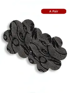 A pair of  black flower lace nipple covers,  with a seamless patch design, providing comfortable and reusable protection for nipples, gentle on the skin.  specially designed for matching strapless dresses and halter neck skirts to prevent bumps.