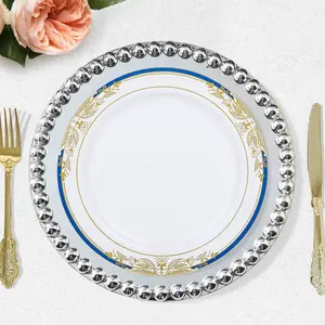 10-Pack Plastic Round Dinner Plates 10" White with Royal Blue