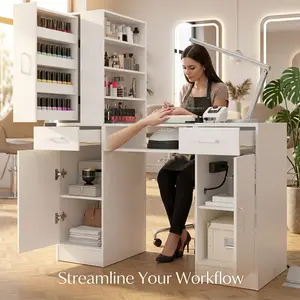 Professional Nail Tech Desk with Glass Countertop & Power Socket, US B Plug 110-127V for Salon/Home