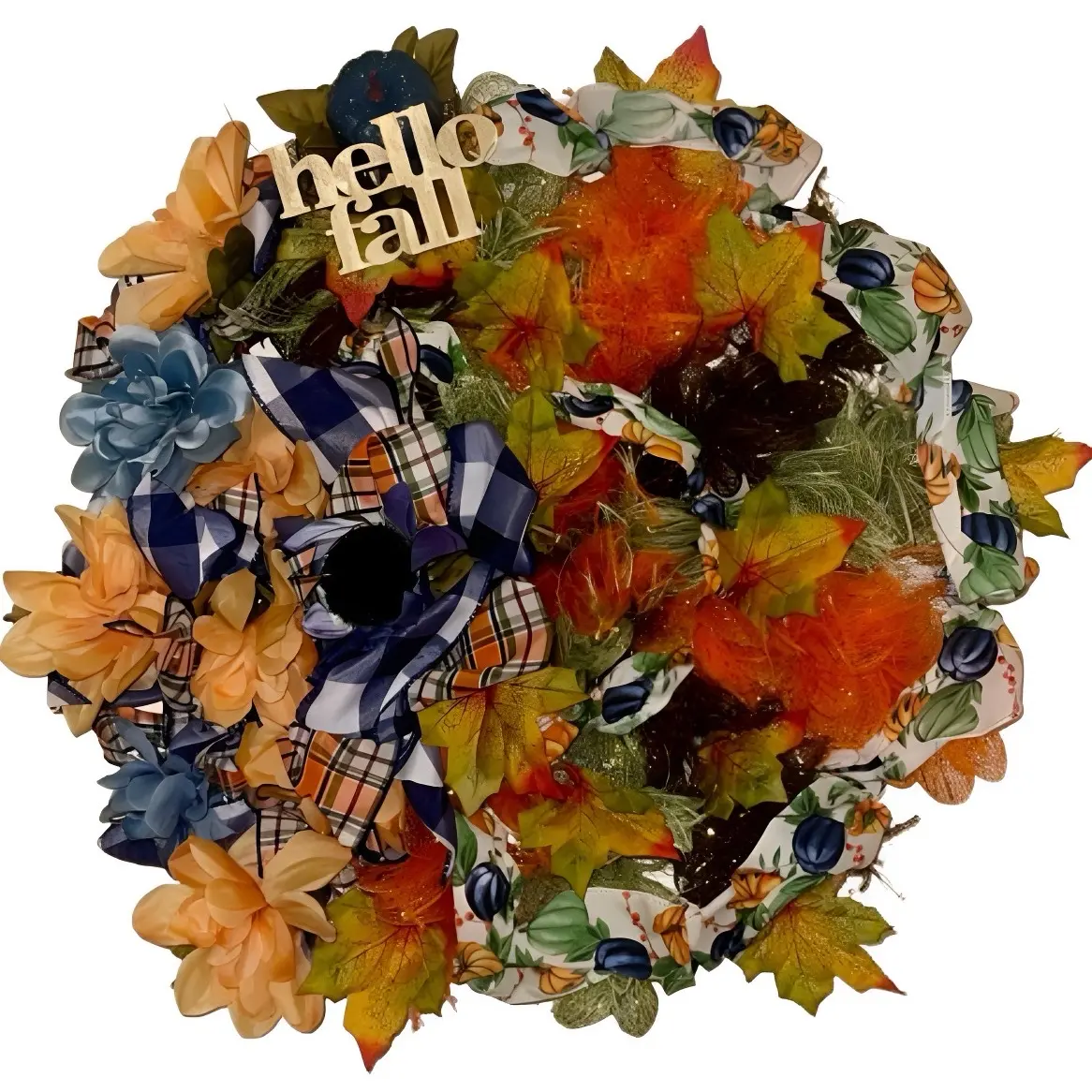 Hello Fall Wreath Home Decor with Leaves, Ribbon, Flowers, and Accent Pumpkin