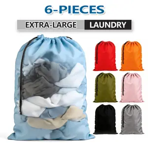 6-Piece Extra-Large Polyester Laundry Bag Set (24x39in), Durable Drawstring Closure, Washable Portable Foldable Laundry Organizer, 6 Pcs-Random Color, Ideal for Home & Travel Storage, Fits Hamper or Basket