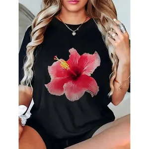 Women's Black T - Shirt with Red Hibiscus Flower Print, Casual Summer Beach Tropical Floral Graphic Tee for Ladies, Ideal for Vacation & Daily Wear 100% Cotton T-shirt