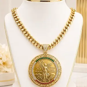 14K Gold-Plated Mexican Flag 50 Pesos Centenario Pendant 24" 7mm Cuban Curb Necklace Choker Chain Unisex Fashion Jewelry