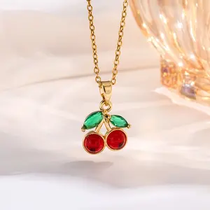 Cherry Necklace Red Cherry Charm Necklace with Adjustable Length Spring Fruit Necklaces Ruby Crystal May Birthstone Necklaces Summer Beach Jewelry