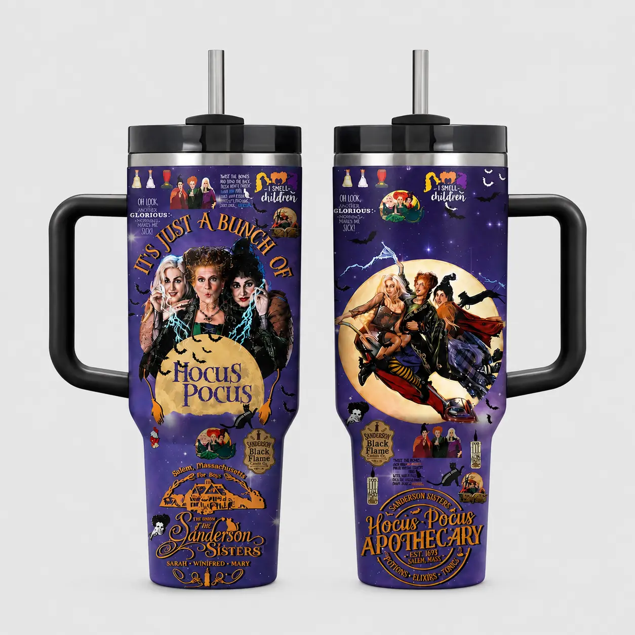 HocusPocus Apothecary Stainless Steel Insulated Travel 40oz Tumbler, Sanderson Sisters Themed Drinkware with Handle, Straw, Witch Movies Lovers Gift, Halloween Gift