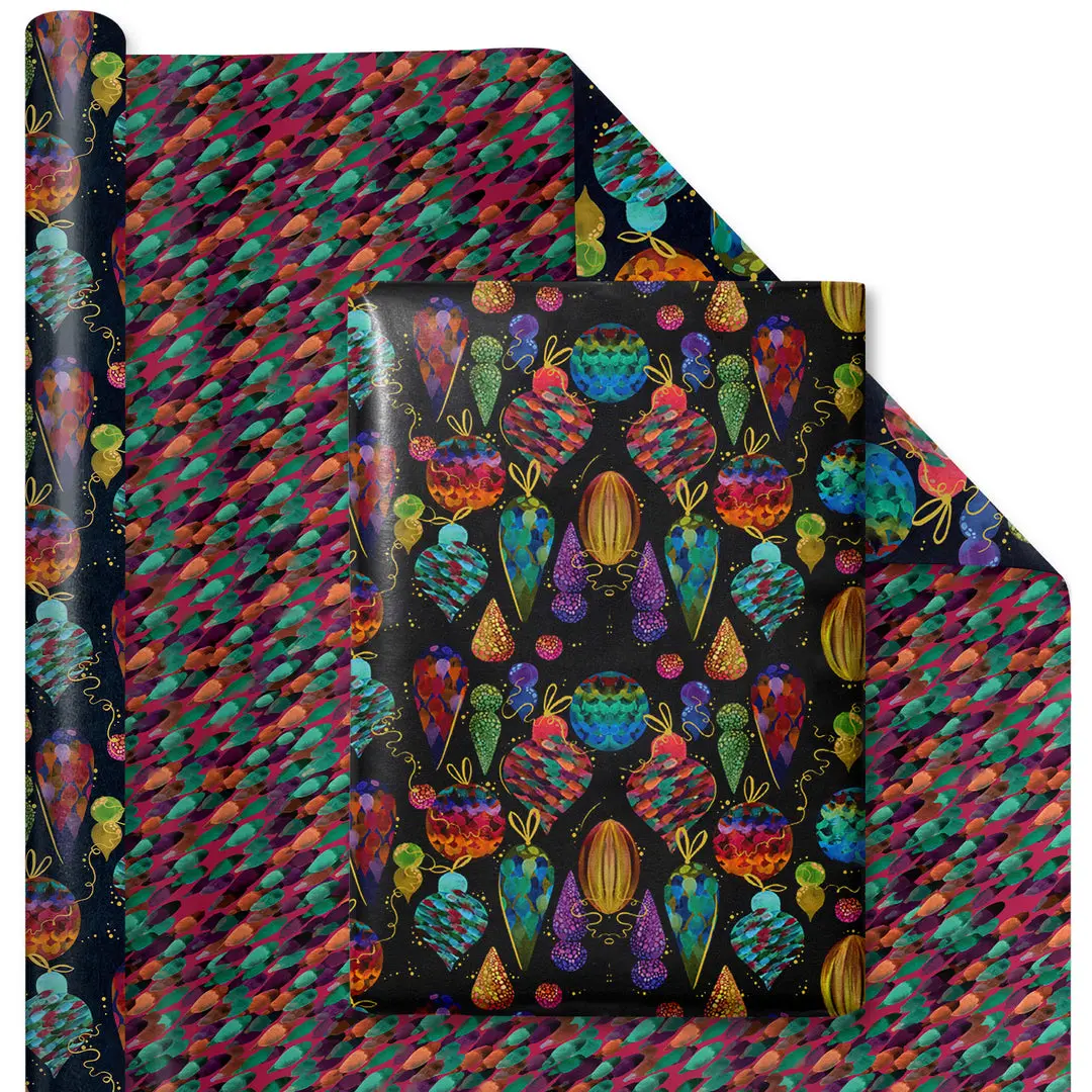 30" x 10' Holiday Wrapping Paper | Jewel Toned Ornaments Metallic Accent on Black Christmas Wrap