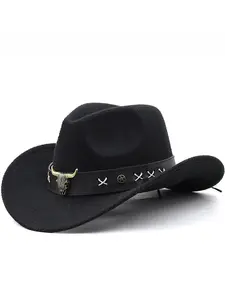 Ethnic-style cowboy hat with cow logo, western cowboy hat with rolled brim, vintage riding hat, Classic cowboy hat, wool felt hat
