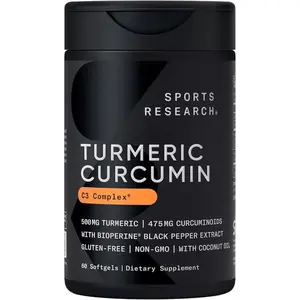 Sports Research Turmeric Curcumin C3 Complex w/BioPerine Black Pepper Extract & Organic Coconut Oil - Standardized 95% Curcuminoids · Non-GMO · Gluten Free - 60 Count Softgels
