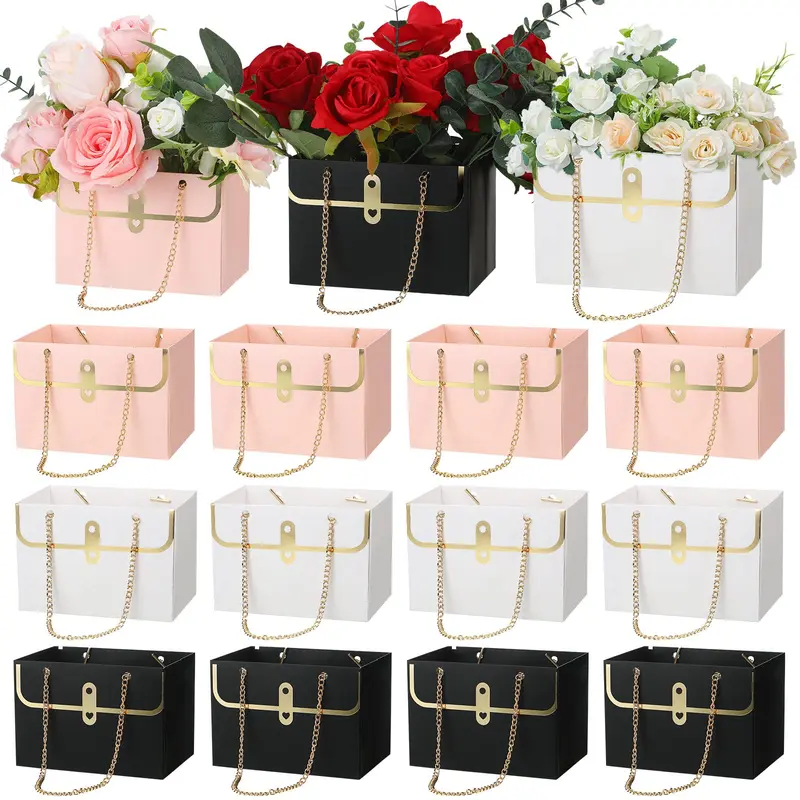 12 Pcs Wedding Paper Flower Bags Bouquet Flower Box bridesmaid proposal box with Metal Chain Boxes for Arrangements Gift Wrapping Bags Florist Tote Bag for Teachers Galentines Birthday Baby Shower Bridal Shower Party Decor Gifts Unique Gift