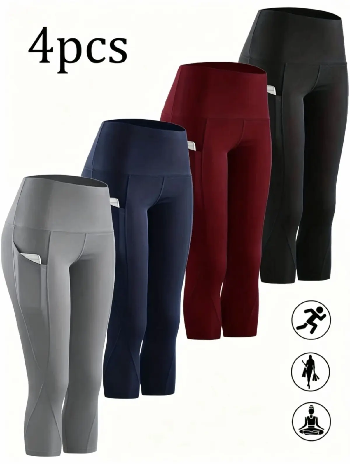 Women's High-Waisted Seamless Knit Capri Leggings - Knitted Polyester Blend, Side Pockets, Stretch, Quick Dry, All-Season Sports Bottoms for Yoga, Running | Women's Clothes (Black, Red, Blue, Gray), Pants For Women, Knitting