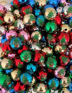 16mm Tree Print, Christmas Beads for Chunky Necklaces, Beaded Pens, and Crafts, Merry Christmas, Santa Beads