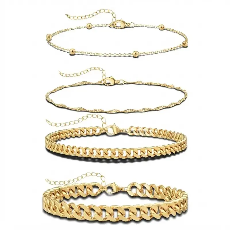 4-piece women's chunky Cuban ink anklet set, waterproof, adjustable length 8.5 + 2 inches, stylish and chic accessories, trendy jewelry, suitable for level 4 wear.A must-have for beach vacations, outdoor activities, and home.