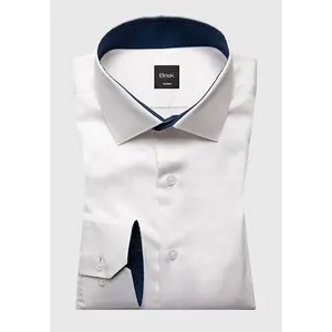 Pearl White Stretch Shirt With Navy Contrast