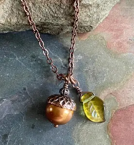 Copper Pearl Acorn Necklace, Autumn Acorn Jewelry Thanksgiving Gift,  Harvest Thanksgiving Jewelry, Fall Wedding Jewelry (Copy)