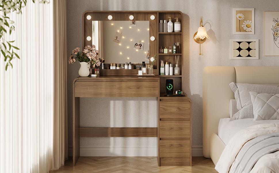 TOKSOM Modern Freestanding Makeup Vanity Desk - 35.4" Tabletop, 19.2" Bright LED Built-In Lights Elegant Mirror, 5 Drawers, 6 Open Shelves, Charging Station for Women - Bedroom Indoor Furniture Vanities, Built-In Lights Makeup Vanities