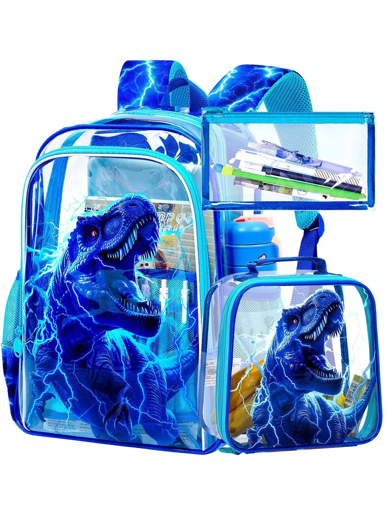 3PCS Clear Dinosaur Backpack Set for Boys, Transparent School Bag with Lunch Bag & Pencil Pouch, Lightning T-Rex Cool Print, Perfect for School & Travel, School Backpacks
