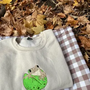 Frog Embroidery Crewneck Sweatshirt - Beige Jean Cotton Casual Unisex Relaxed Fit Tops