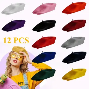 12 Pack Retro Octagonal Bud Hat Solid Color Beret Wool Berets for Adult Beauty & Personal Care