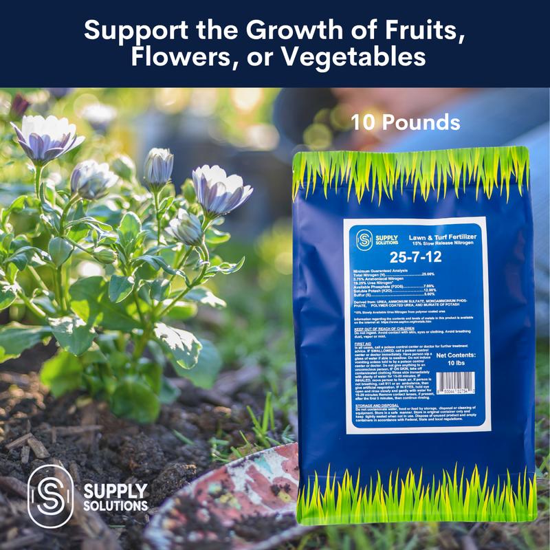 Supply Solutions 25-7-12 Lawn & Turf Fertilizer 15% Slow Release Nitrogen for All Grass Types 10lbs Covers 1250 sq ft Easy Application