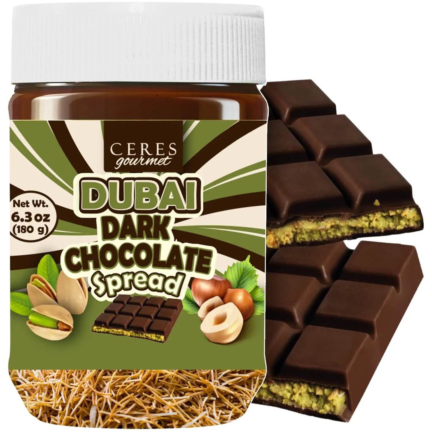 Dubai Chocolate Spread, Dark Chocolate 6.35 oz Jar – Gourmet Chocolate Filling & Pistachio with Kataifi, Dubai Dip, Smooth Spreadable Dessert Experience