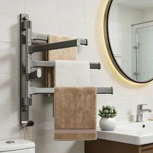 Multi-bar rotating towel rack, wall-mounted bathroom towel rack, space-saving corner hooks, metal rod with smooth rotation