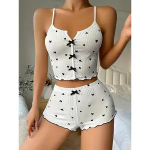 Women's Loungewear Sexy Ladies' Heart-Shaped Printed Ruffled Decorative Loungewear | Featuring a Bow-Tie Accent, Back Exposure, And a Cropped Tank Top with Shorts, Designed for Comfort And a Loose Fit
