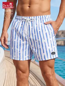 Men's Beach Shorts, Loose Fit Swim Trunks, Quick Dry Mesh Lining, Blue Striped, Elastic Waist, Short Length, Casual Style