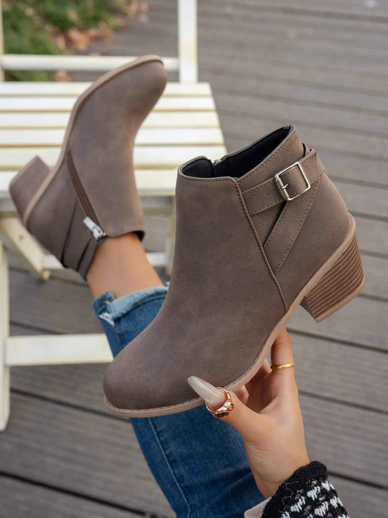 Women's Vintage Short Boots, Rubber, Thick Sole Design, Anti-Slip Sole, Slip Resistant Boots, Height Increasing, Spring & Easter, Fashion Versatile Footwear, Thick Heeled Boots