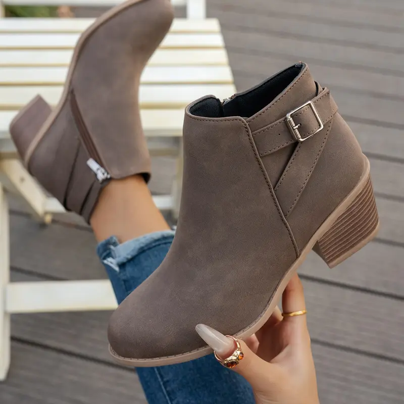 Women's Vintage Short Boots, Thick Rubber Anti-Slip Sole, Height Increasing Slip Resistant Boots, Fashionable Boots for Spring and Autumn, Fashion Versatile Footwear, Thick Heeled Boots