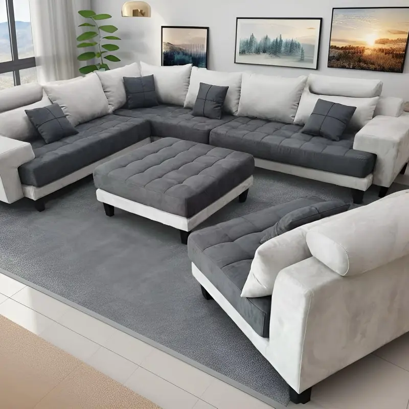 Stendmar Reversible L-Shape/U-Shape Modern Microfiber Fabric Sectional Couch Sofa Set S150D (2-Tone Grey-Dark Grey)