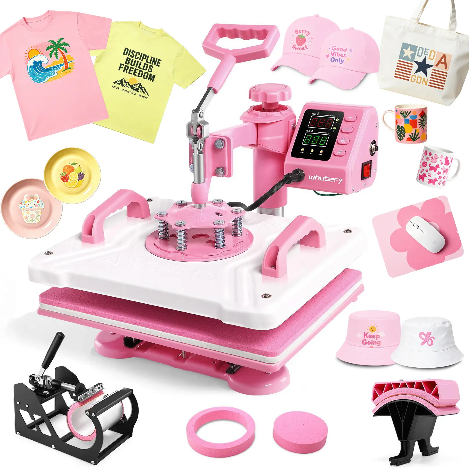 AKEYDIY 15x12in 5-in-1 Pink Swing-Away Heat Press Machine - Upgraded 360° Rotation, Auto Reset Safety, LCD Temp & Time, Adjustable Pressure, Beginner Friendly for DIY Crafts, Heat Transfer Vinyl Projects