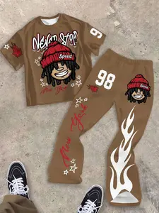 Teen Boy Cartoon Pattern T-Shirt and Bell Bottoms Set, Summer Casual, Boys' Graphic Top, Kids Two-Piece Clothing, Youth Kits