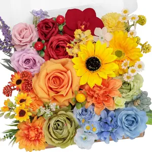 Artificial Flowers Combo Box Set Rainbow Colorful Fake Roses Silk Sunflower with Stems for DIY Bridal Wedding Bouquets Baby Shower Floral Arrangements Centerpiece Party Home Decor