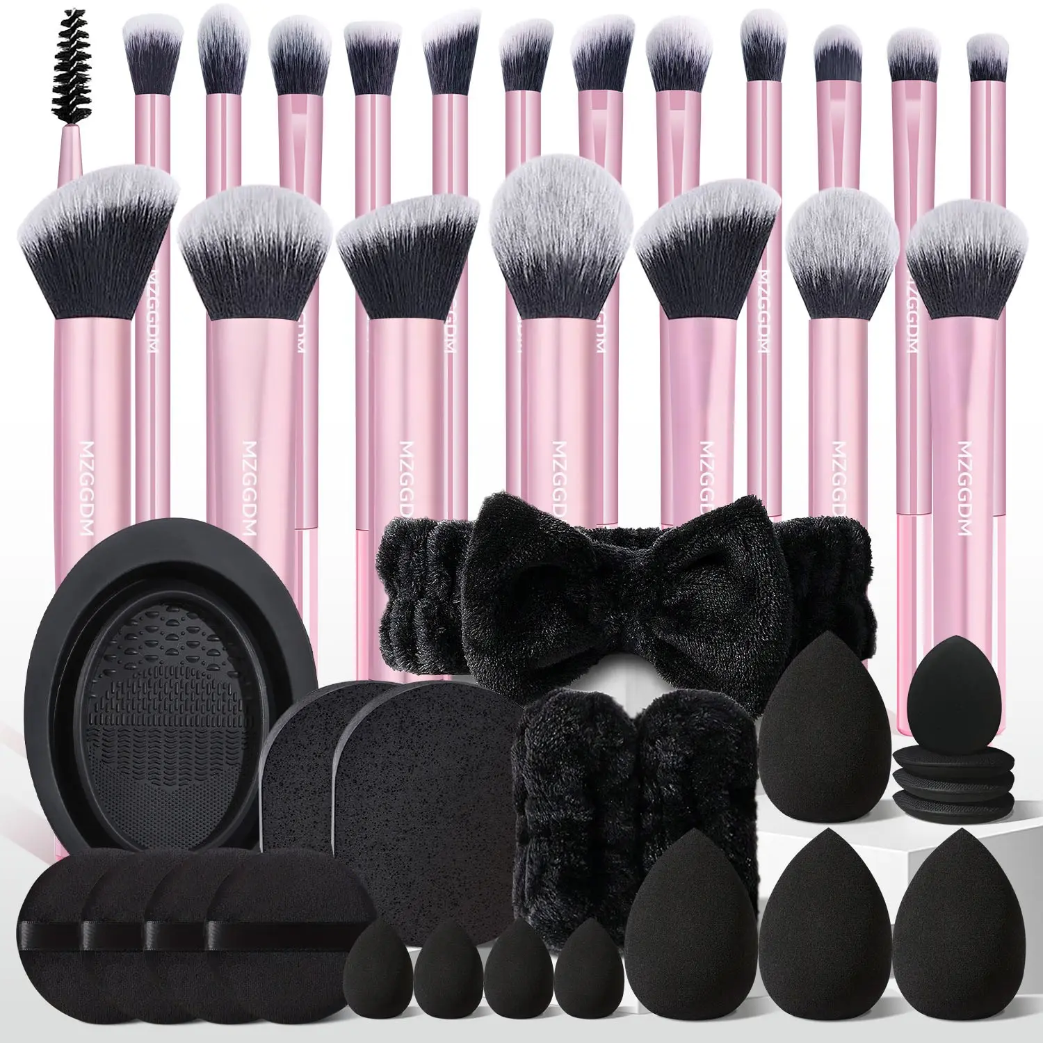 42-Piece Hypoallergenic Makeup Brushes Set with Elliptical Face Wash,Cleaning Brush, Makeup Brush,Mini and Standard Makeup Sponges,Circular Puffs,Mini Thumb Puffs - Non-Shedding Design for Cream,Powder & Liquid Products Cosmetics Makeup Tools Set