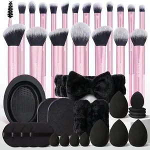 42-Piece Hypoallergenic Makeup Brushes Set with Elliptical Face Wash,Cleaning Brush, Makeup Brush,Mini and Standard Makeup Sponges,Circular Puffs,Mini Thumb Puffs - Non-Shedding Design for Cream,Powder & Liquid Products