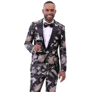 Zanthera Black & Gold Floral Pattern Tuxedo with Matching Pants and Bowtie