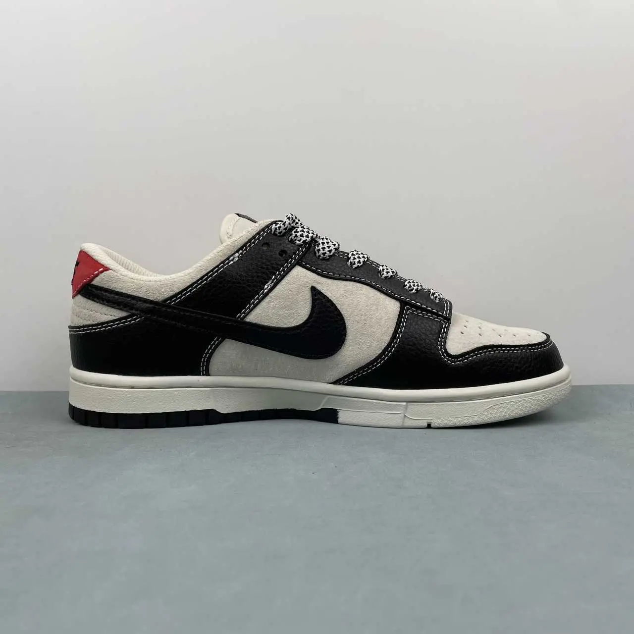 Streetwear casual kicks that instantly elevate every sleek bold neutral daily outfit, sweat-wicking perforated suede leather upper adopting off-white suede base with black leather contrast trim and vivid red graphic details, built-in toe vent cutouts