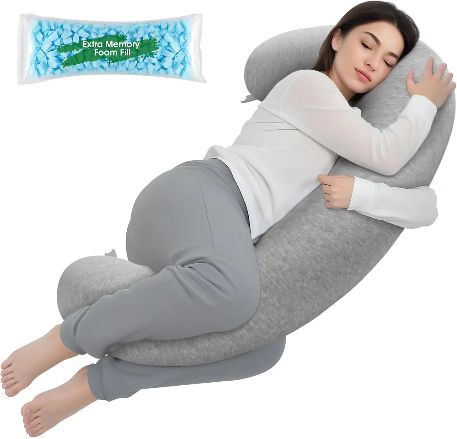 C Shaped Body Pillow for Side Sleepers, Memory Foam Long Pillow for Leg, Hip & Back Support, Soft Washable Cover,Grey-47"*10"