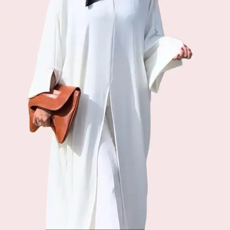 Creamy White Front Slit Abaya - Plain Crew Neck with Open Slits on Wrists & Two Inside Ties for Custom Fit