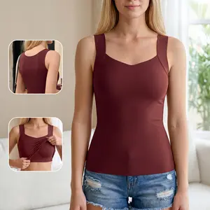 Women Camisole High Stretchy Seamless Built-in Bra Tank Tops V Neck Casual Basic Tanks