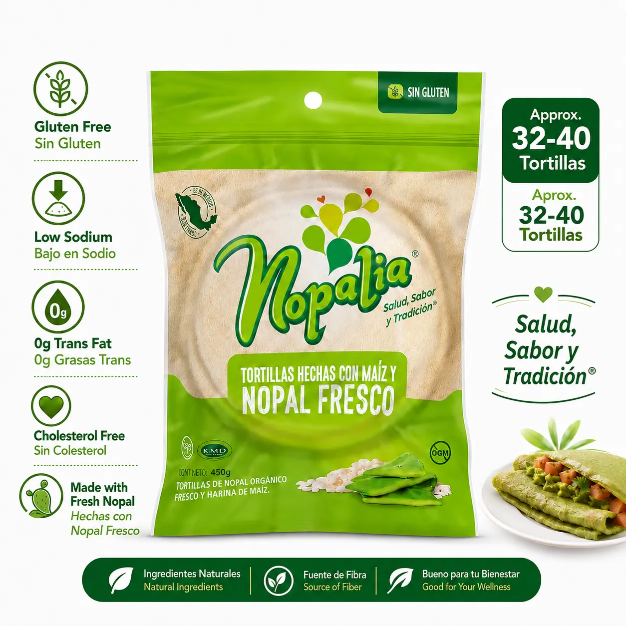 Nopalia Tortillas de Nopal 32 a 40 pcs Gluten Free Cactus Corn Tortillas, Fresh Nopal, Low Sodium, 450g