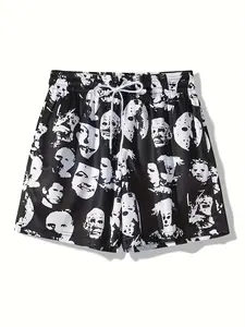 High Street Horror Character Print Shorts, Breathable Loose Fit Five-Quarter Pants, Unisex Beachwear for Summer